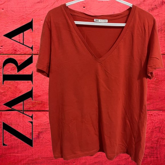 ZARA Red V neck Tee Size XL - Picture 2 of 4